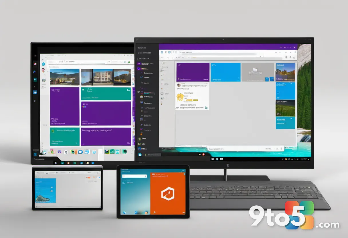 A side-by-side design comparison showing retro Windows 8 live tiles next to a refined modern interface, neutral backgrou