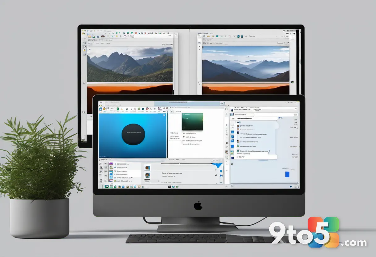 A split-screen composition showing a Windows desktop interface on one side and a macOS interface on the other, represent