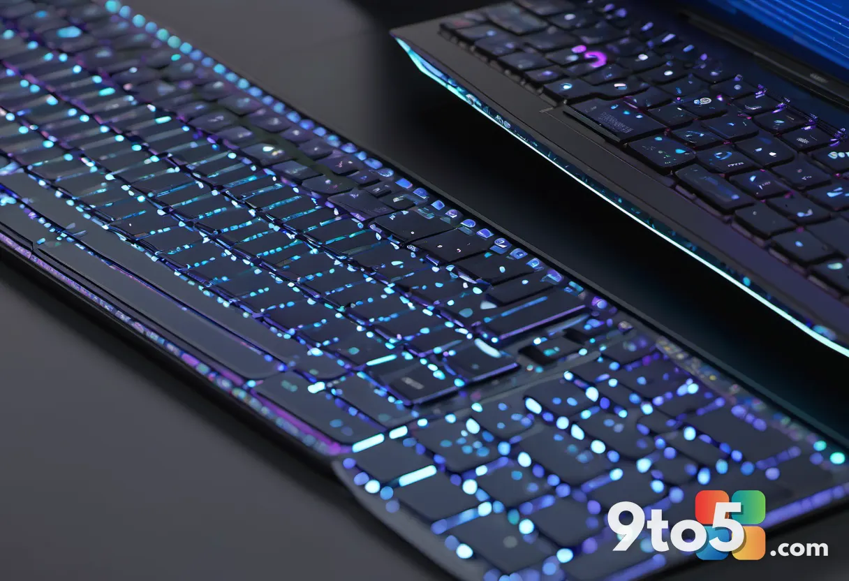 A close-up of a modern laptop keyboard with a subtle holographic overlay of global network nodes, symbolizing worldwide 