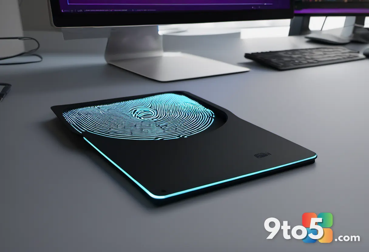 A close-up photograph of a modern USB fingerprint scanner resting on a matte black desk mat, lit with soft ambient light