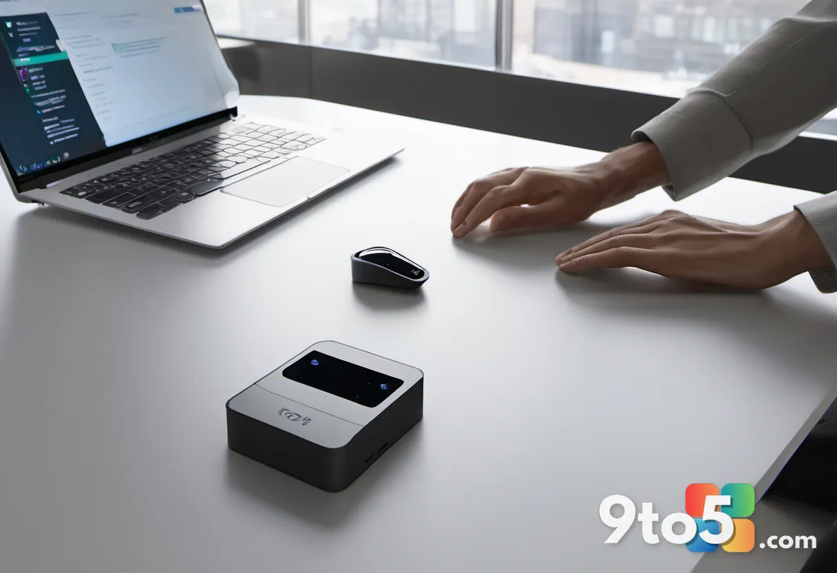 A person placing their finger on a sleek biometric sensor on a modern office desk, shot from a slight overhead angle wit