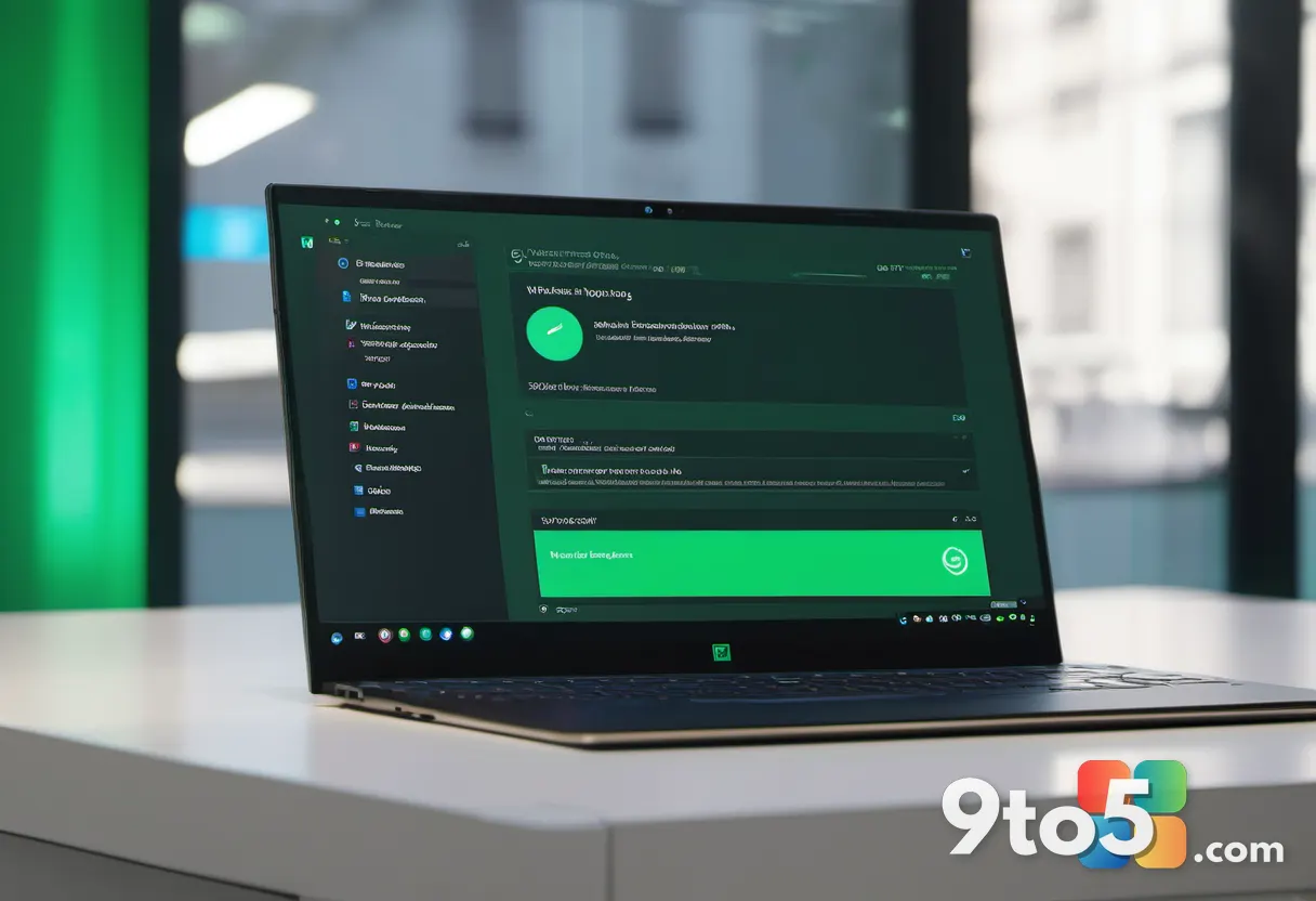 A close-up view of a modern laptop screen displaying the Windows Update interface with a green checkmark, indicating suc