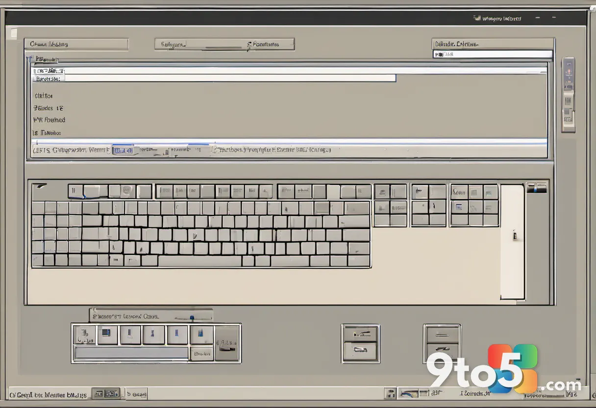A close-up of a beige 1990s CRT monitor displaying a classic Start menu and taskbar desktop, soft office lighting, shall