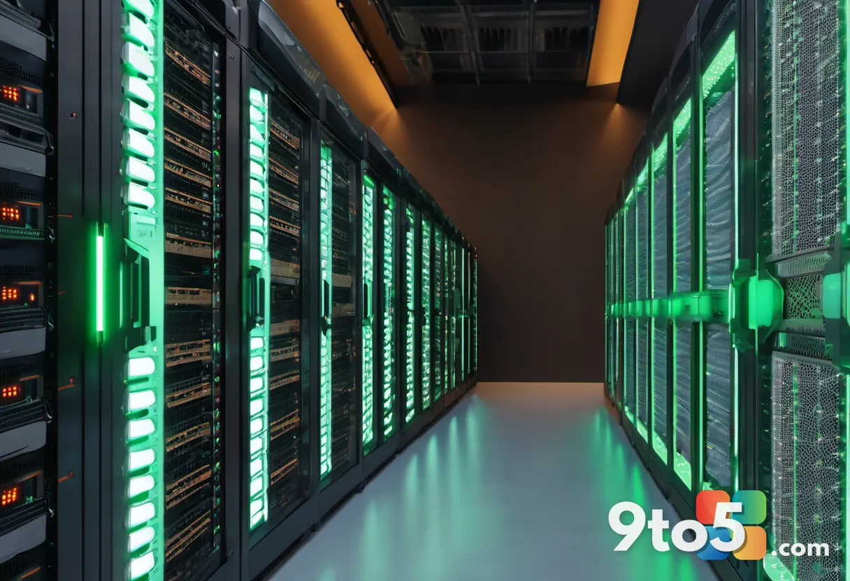 A row of vintage server rack units in a dim data center with small blinking green and amber lights, evoking late-1990s e