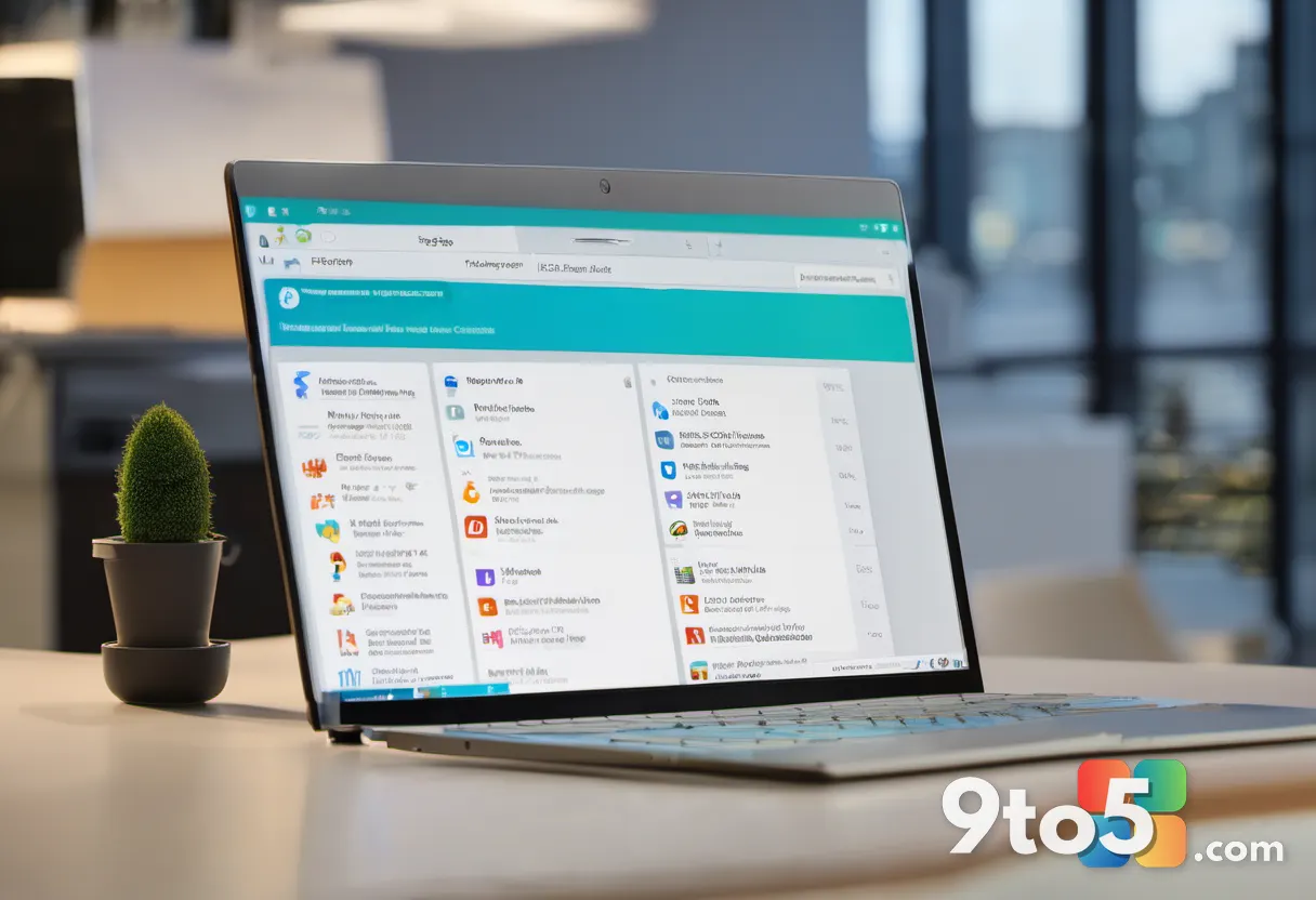 A close-up of a laptop screen showing a searchable list of thousands of app icons, warm desk lamp glow, shallow depth of