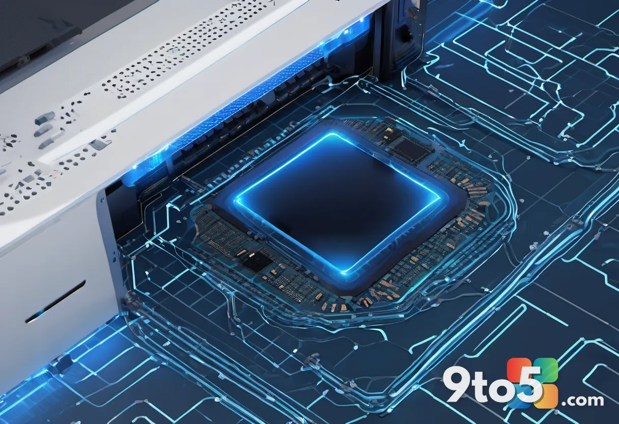 An abstract illustration of a software bridge connecting two computer chips, one labeled x86 and one Arm, glowing blue d
