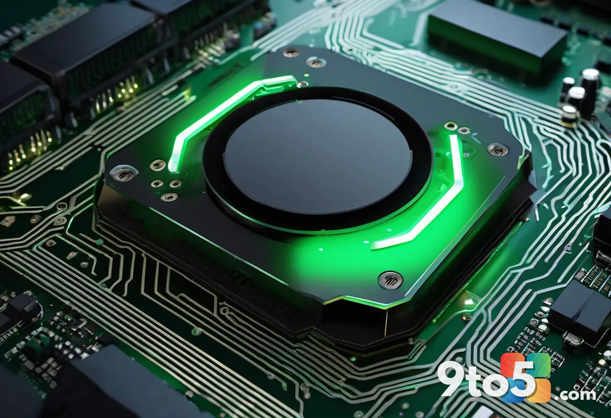 A futuristic green and black GPU circuit board with glowing RTX-style light trails, dark moody studio lighting, macro ph