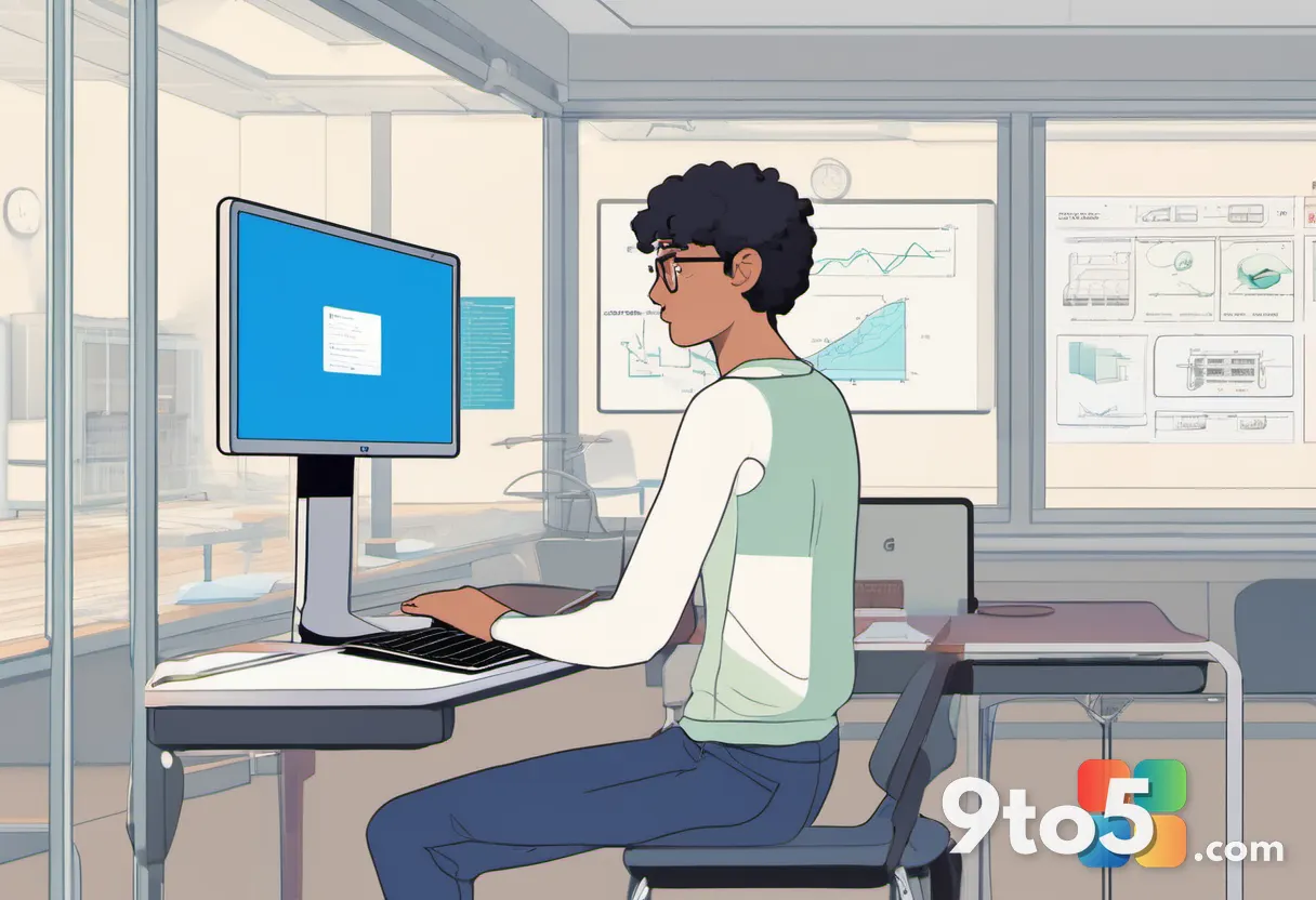 A student using a lightweight Arm-based laptop in a bright classroom, science and math diagrams displayed on screen, nat