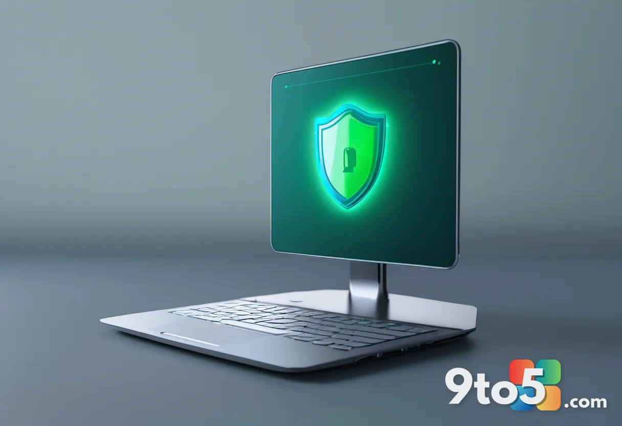 A cybersecurity visualization with a shield and layered digital locks over a laptop, dark background with green and blue