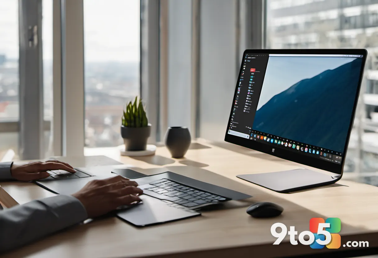 An office desk with a person using an Arm laptop showing productivity apps—documents, chat, and task boards on screen, b