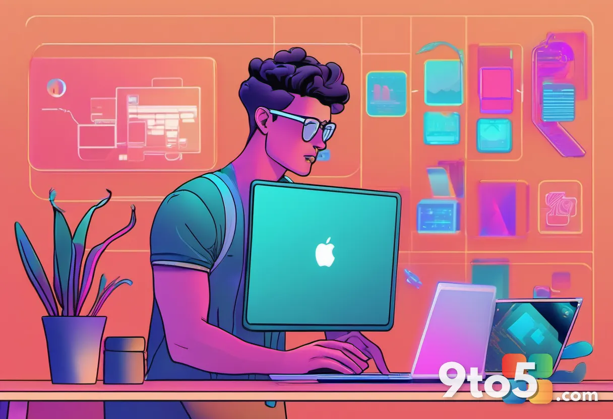 A creative professional using an Arm laptop with design software on screen, colorful vibrant workspace, artistic editori