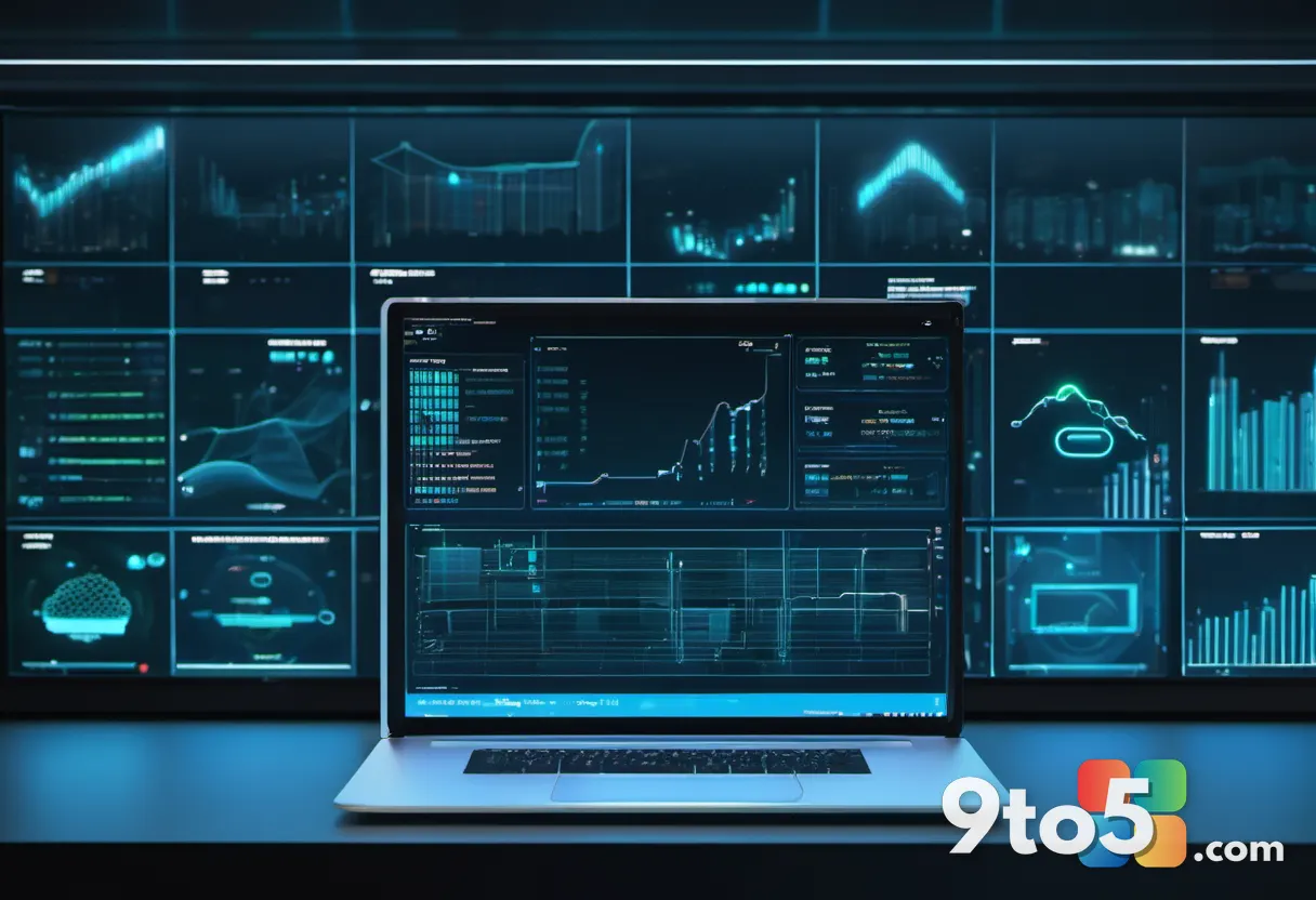 A server room with glowing blue data streams flowing into a laptop screen, representing cloud-to-device communication, d