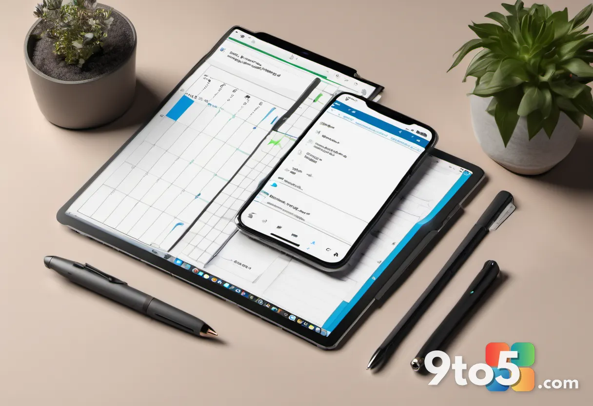 An overhead shot of a neatly arranged workspace showing a notebook, a pen, and a smartphone displaying a Windows update 
