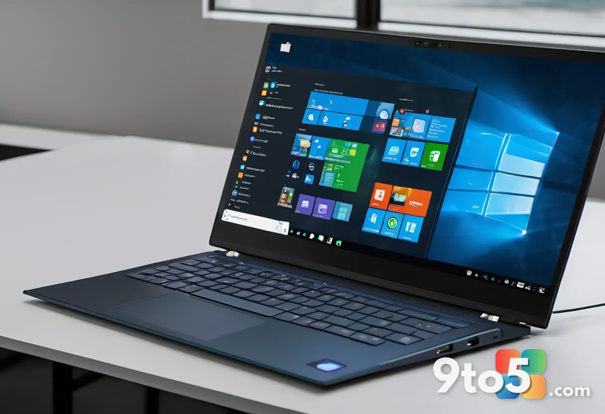 A close-up of a laptop screen showing Windows 11 interface with AI features highlighted, surrounded by tech gadgets, cle