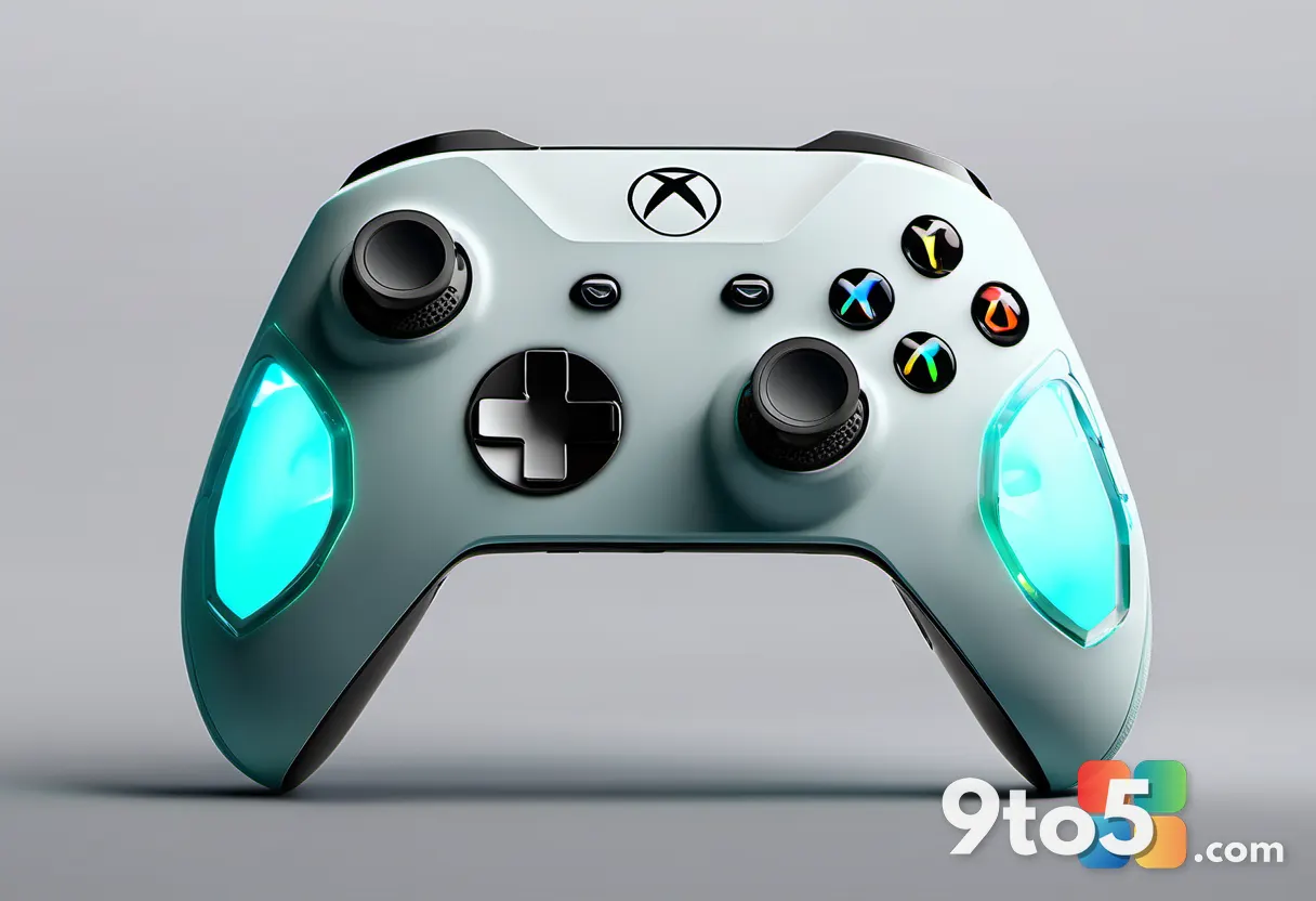 A futuristic Xbox controller with glowing accents, set against a backdrop of digital game art and Microsoft branding, sl