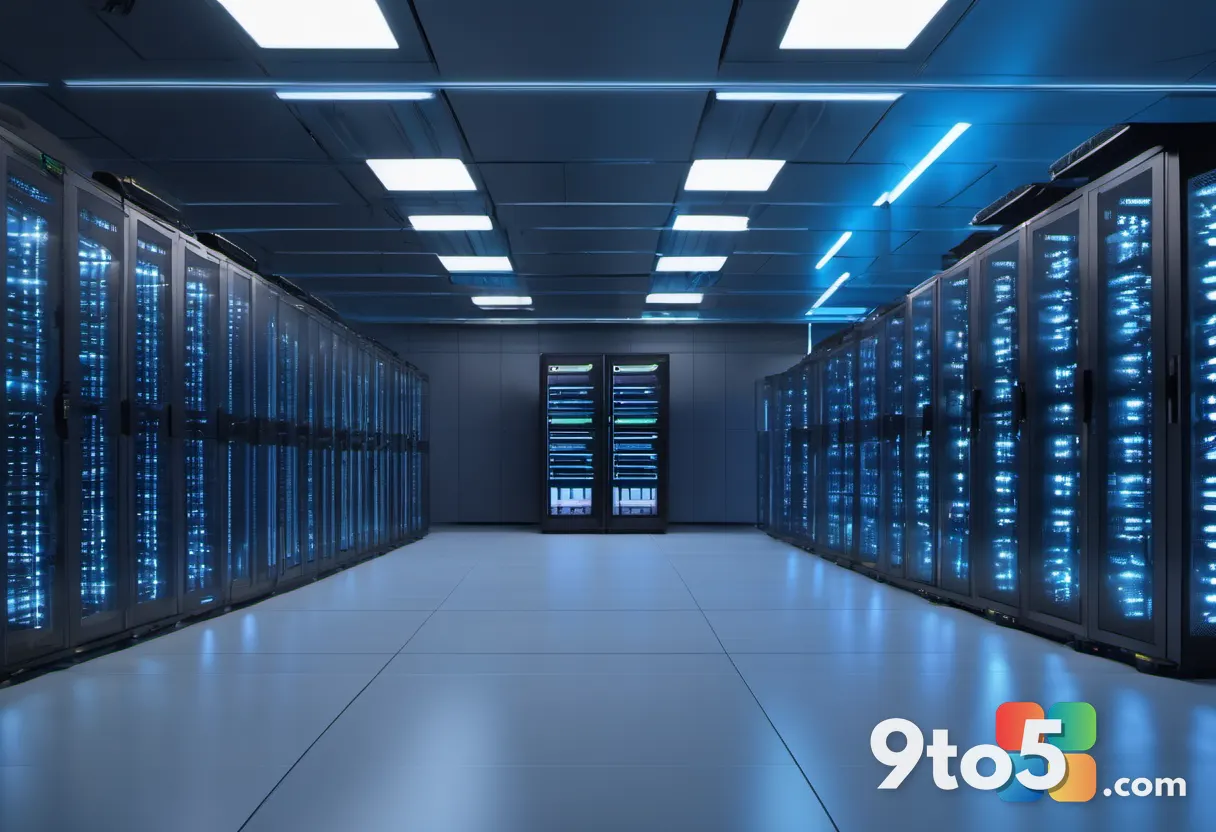 A sleek, modern server room with rows of blinking blue lights, representing Microsoft's AI infrastructure, shot from a l