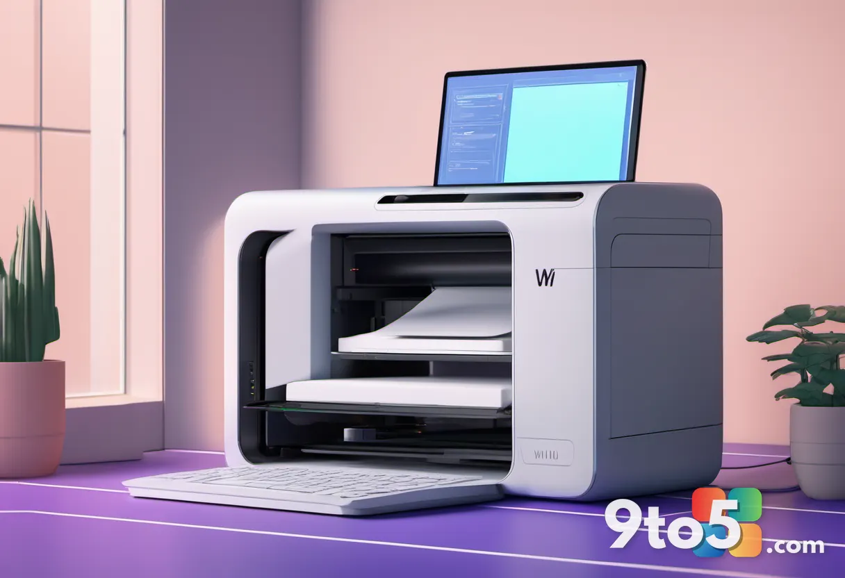 A conceptual illustration of a printer connected to a Windows 11 device with glowing digital pathways representing moder