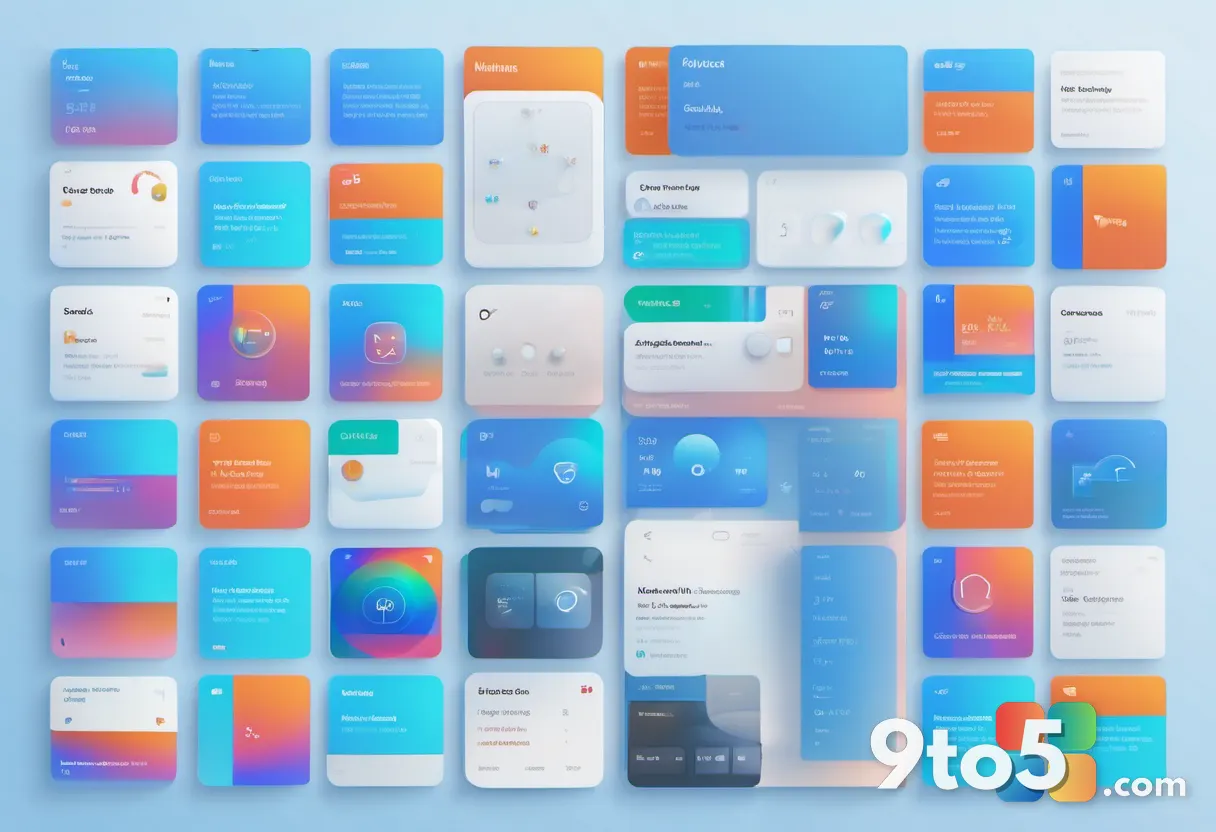 An abstract composition of rounded Windows 11 UI cards and Fluent Design controls floating over a soft blue gradient, cl