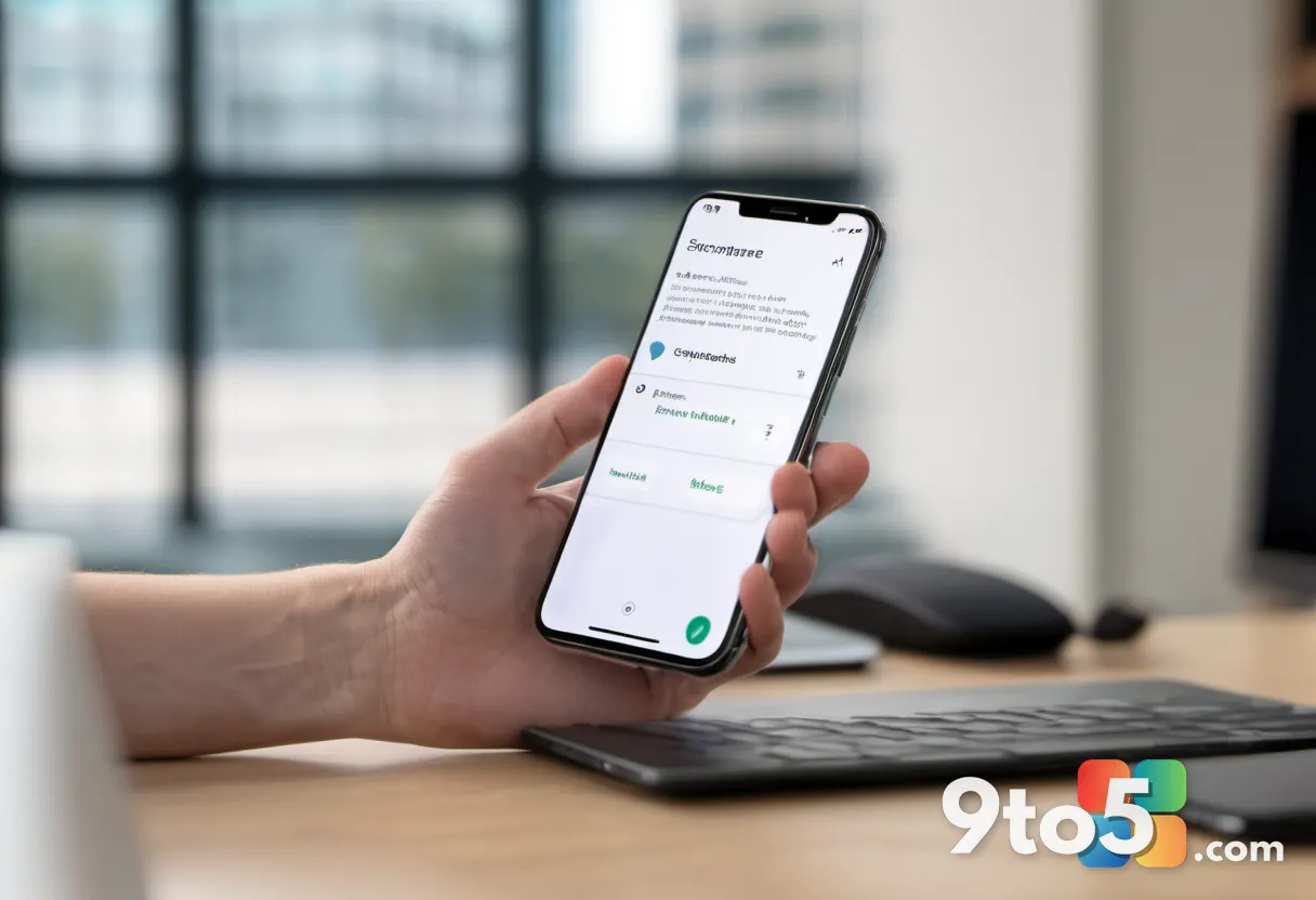 A close-up of a hand tapping a smartphone screen to start a recording app, with a blurred office background and warm nat