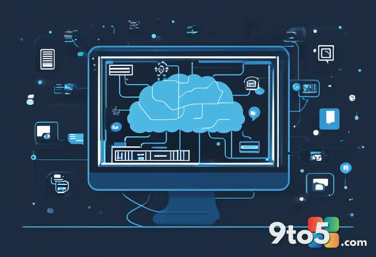 A minimalist illustration of a brain connected to floating document icons and chat bubbles, rendered in cool blue and wh