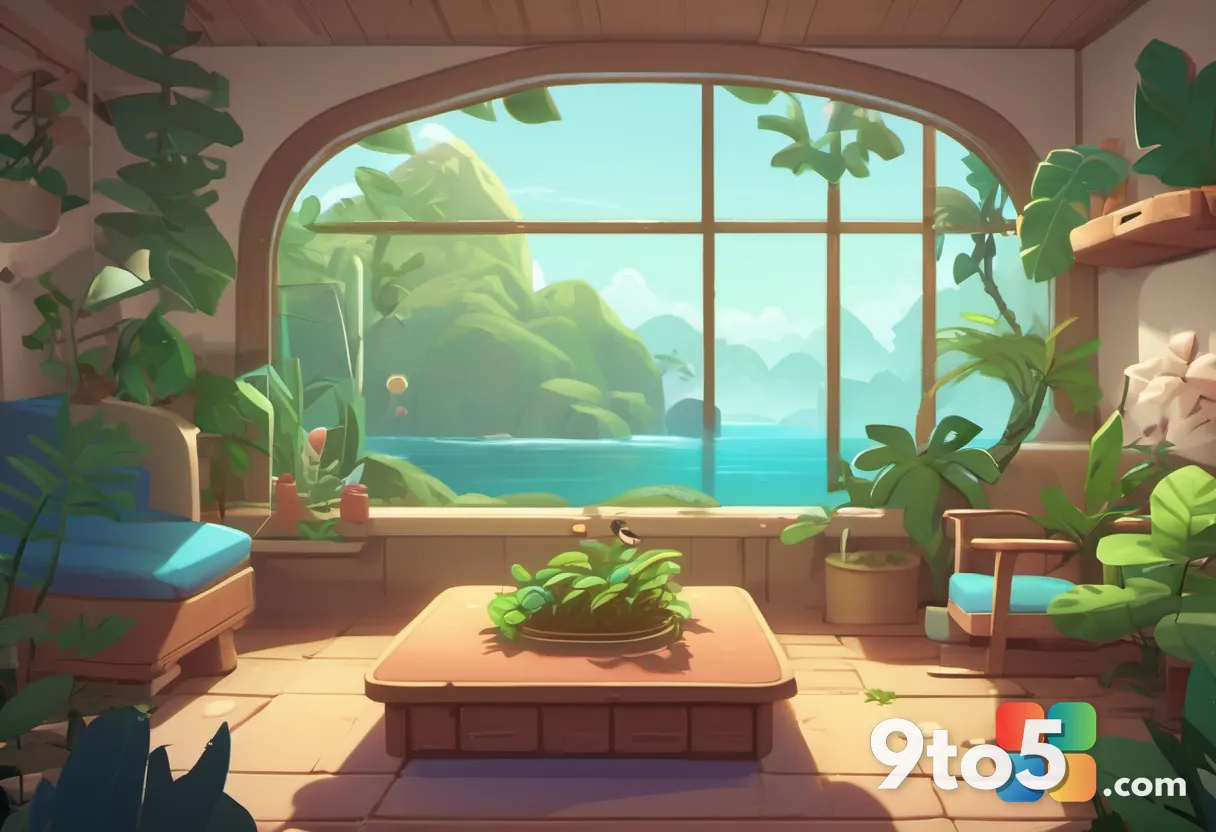 A cozy, hand-painted style illustration of a small island with cute creatures and lush greenery, evoking a relaxing life