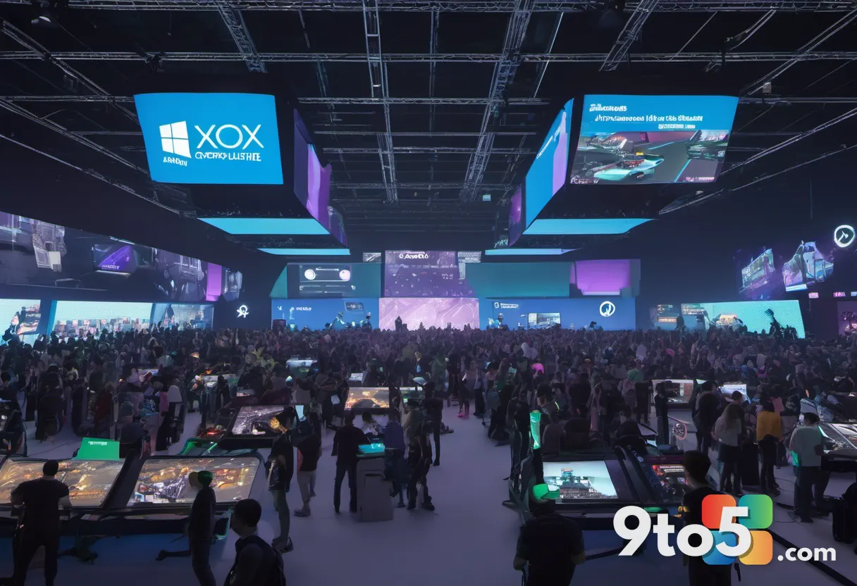 A wide-angle shot of a crowded gaming convention floor with glowing Xbox and Windows logos projected onto a large stage 