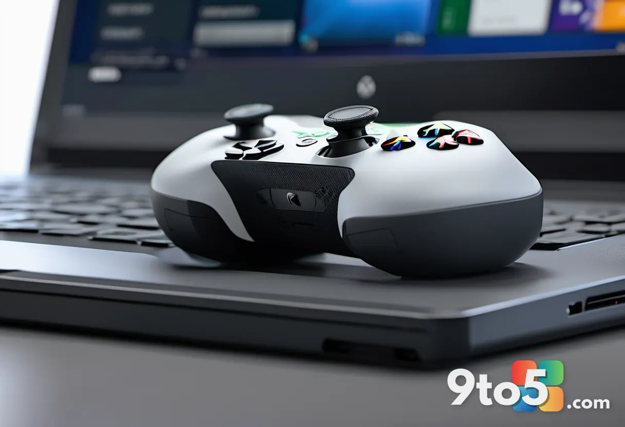 A close-up of a modern Xbox Elite controller connected via USB to a sleek laptop, with a game interface visible on the s