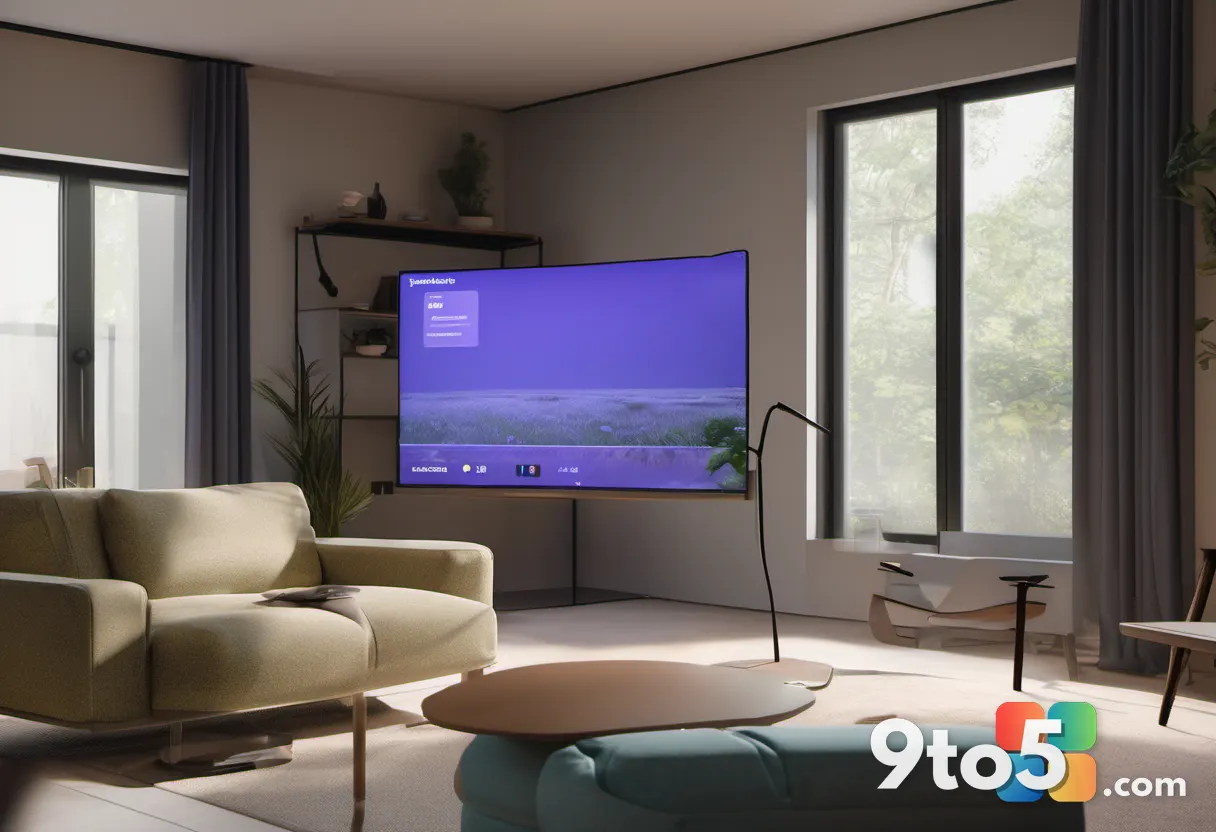 A person relaxing on a sofa holding a tablet, with a large TV in the background displaying the same game scene, emphasiz