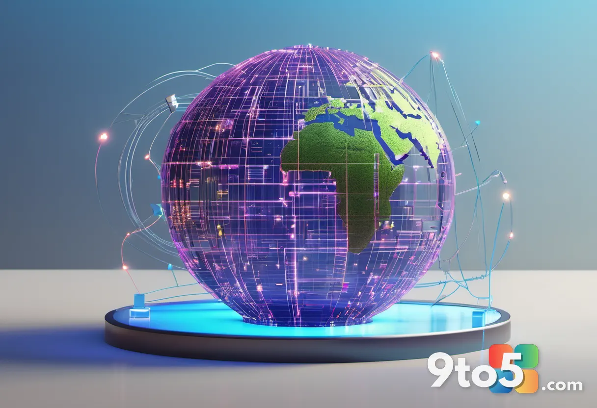 A stylized illustration of a globe wrapped in digital circuit lines, with floating game icons orbiting around it in a cl