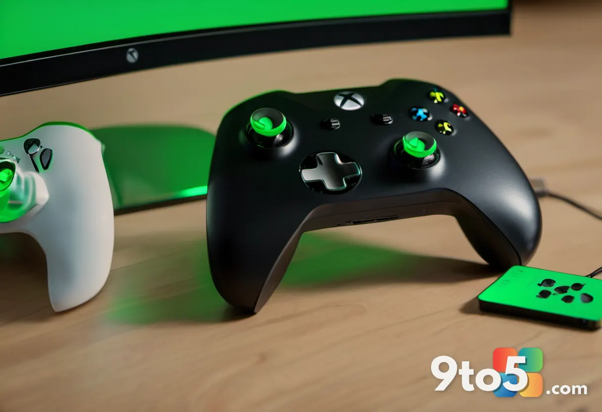 A close-up of a modern Xbox controller with a glowing green '25' emblem etched into the grip, resting on a wooden desk s