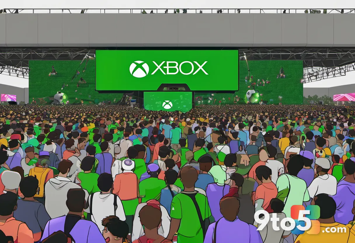 A vibrant crowd of gamers at an outdoor festival, holding Xbox controllers and cheering, with a large screen displaying
