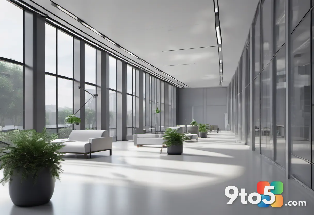 A modern office lobby with several empty desks and a single potted plant, shot from a low angle, clean architectural lin