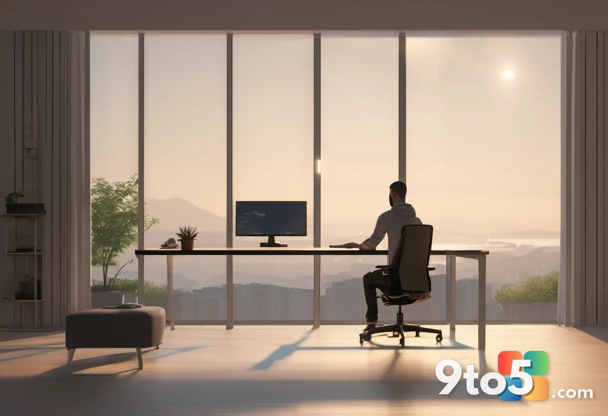 A lone figure sitting at a small desk in a minimalist apartment, working on a dual-monitor setup, soft morning light str