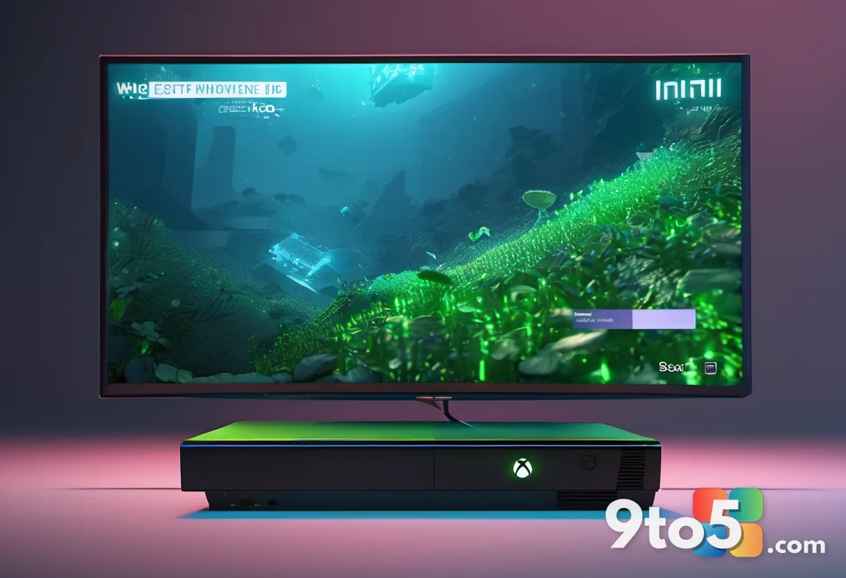 Close-up of a glowing Xbox Series X console with a translucent overlay of classic Xbox 360 game covers floating in a dig