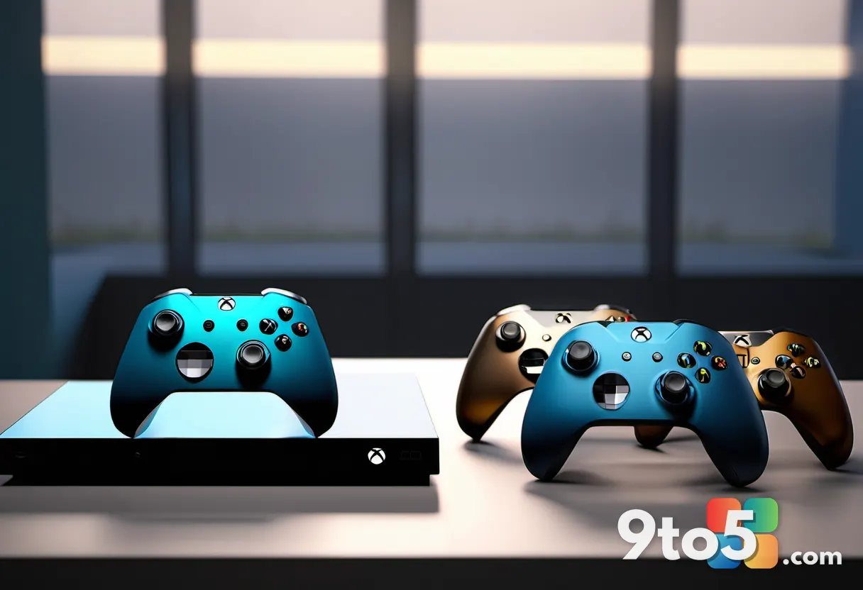 A lineup of Xbox consoles fading into shadow, with a single console lit in the foreground, moody blue and amber lighting
