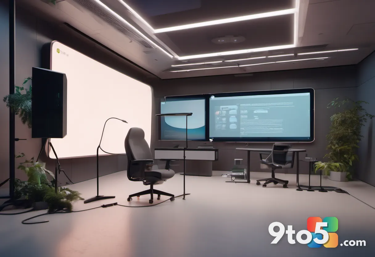 A BBC-style interview studio with two chairs and soft warm lighting, subtle Xbox branding absent, editorial documentary 