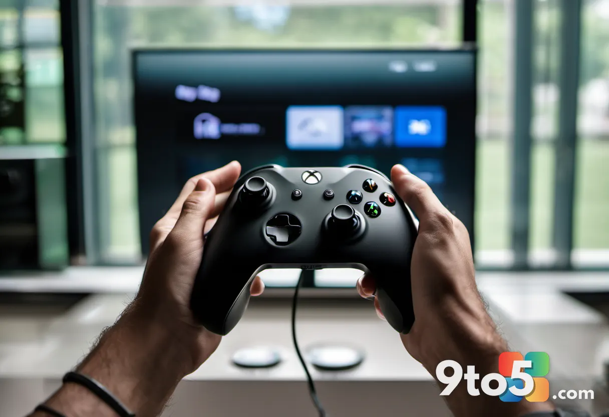 Close-up of a gamer's hands holding an Xbox controller with a blurred background of a TV screen showing game menus, warm