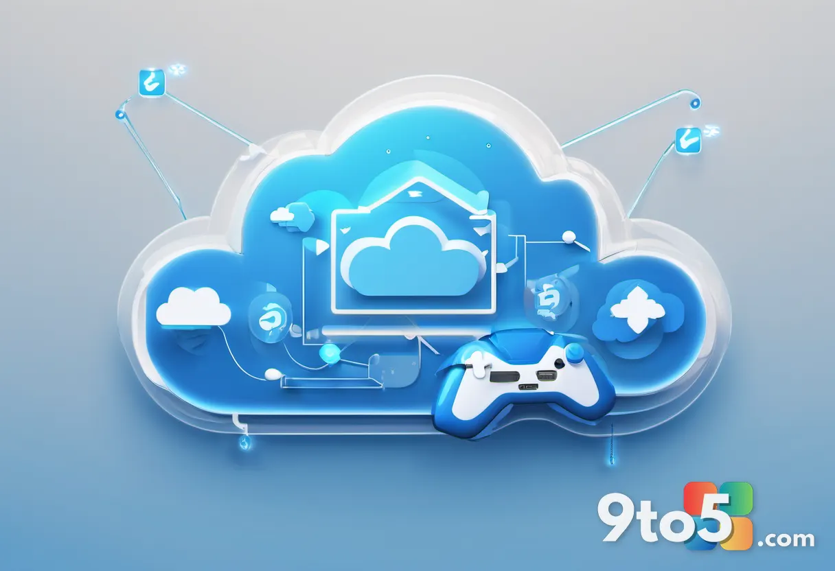 Abstract digital illustration of a cloud with a downward arrow symbol, surrounded by small chat icons and game controlle