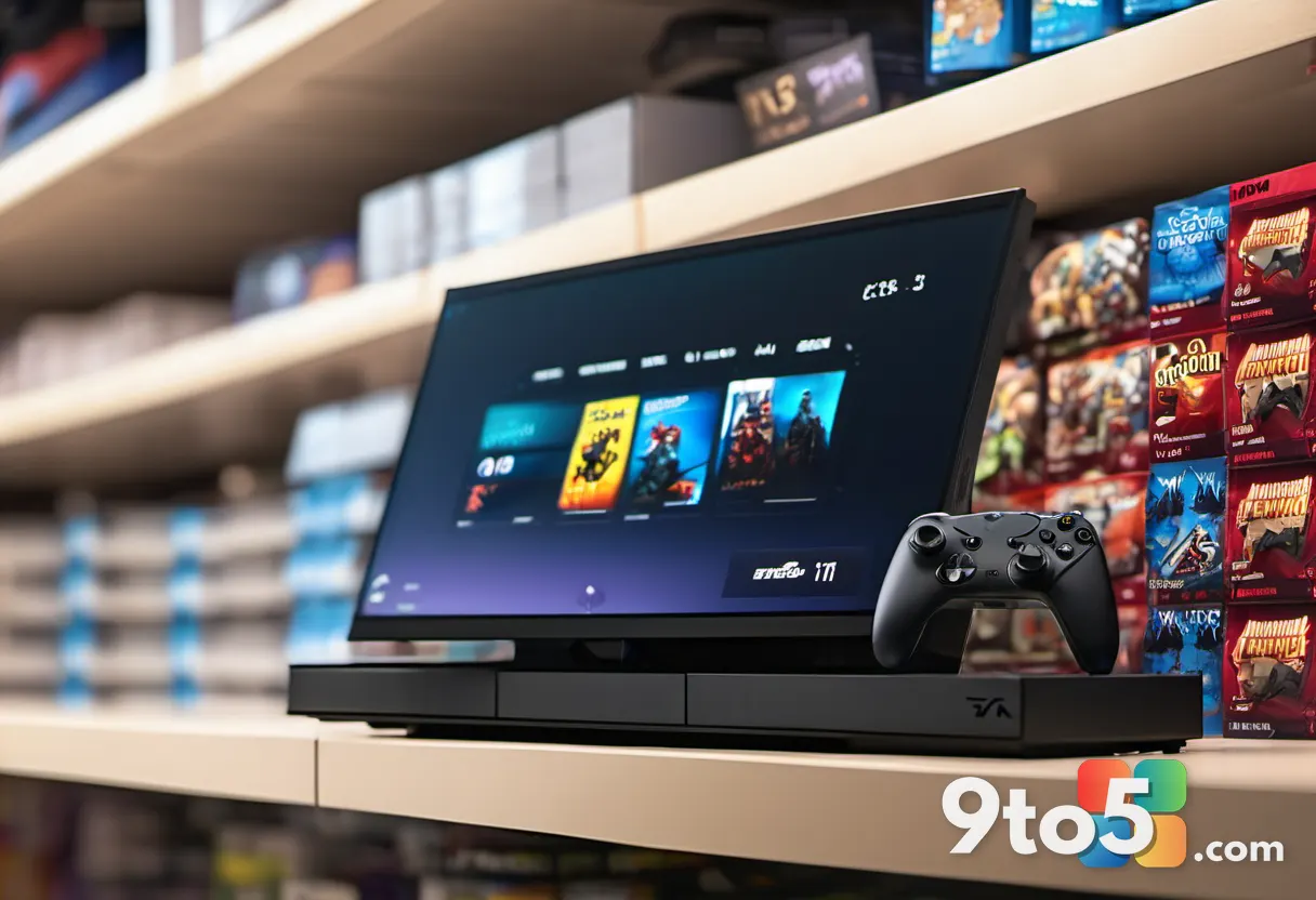 Close-up of a retail price tag on a gaming console shelf, highlighting the cost, with a blurred background of game boxes