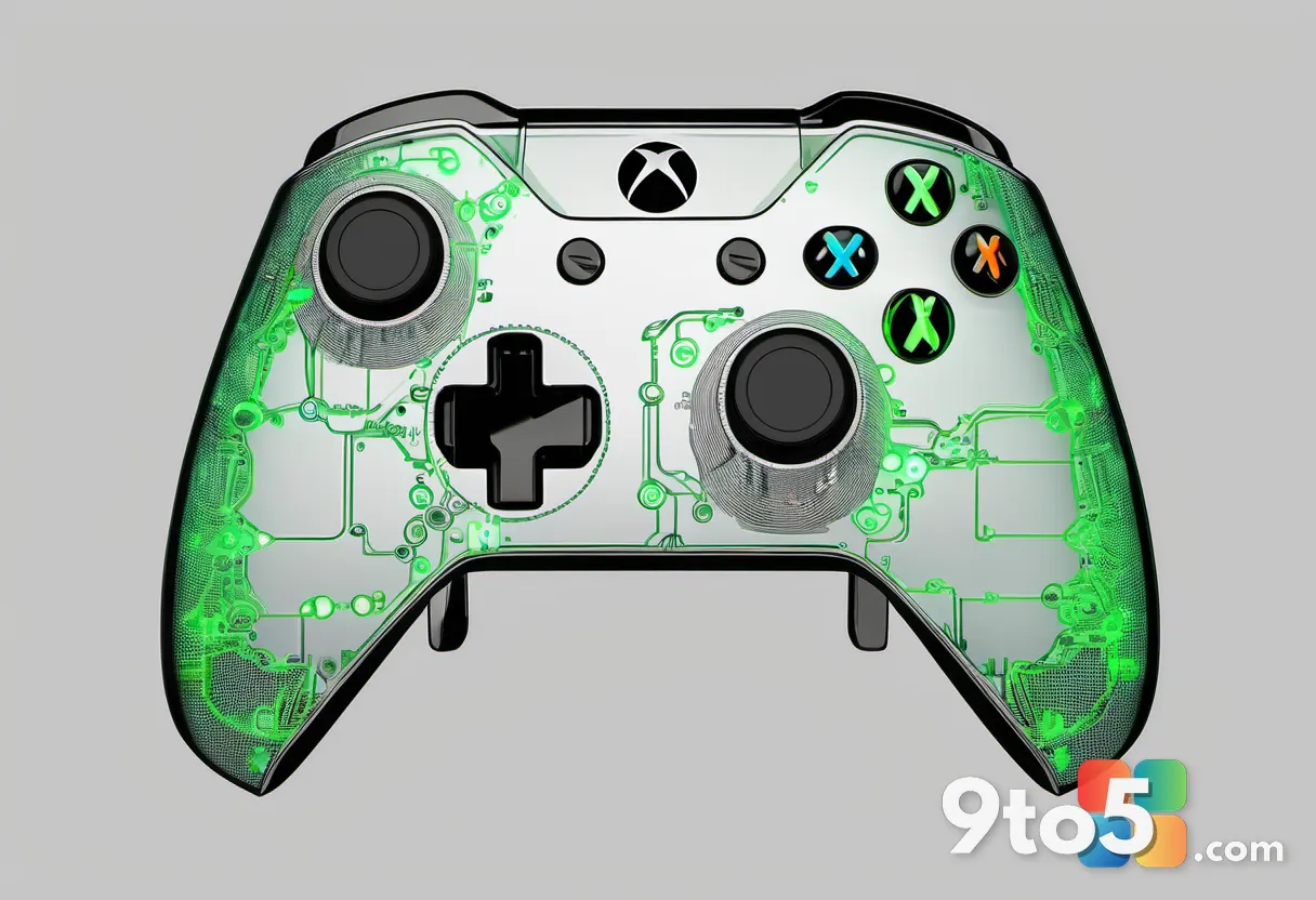 A close-up of an Xbox controller with a status light glowing green, surrounded by subtle network connection symbols, rep