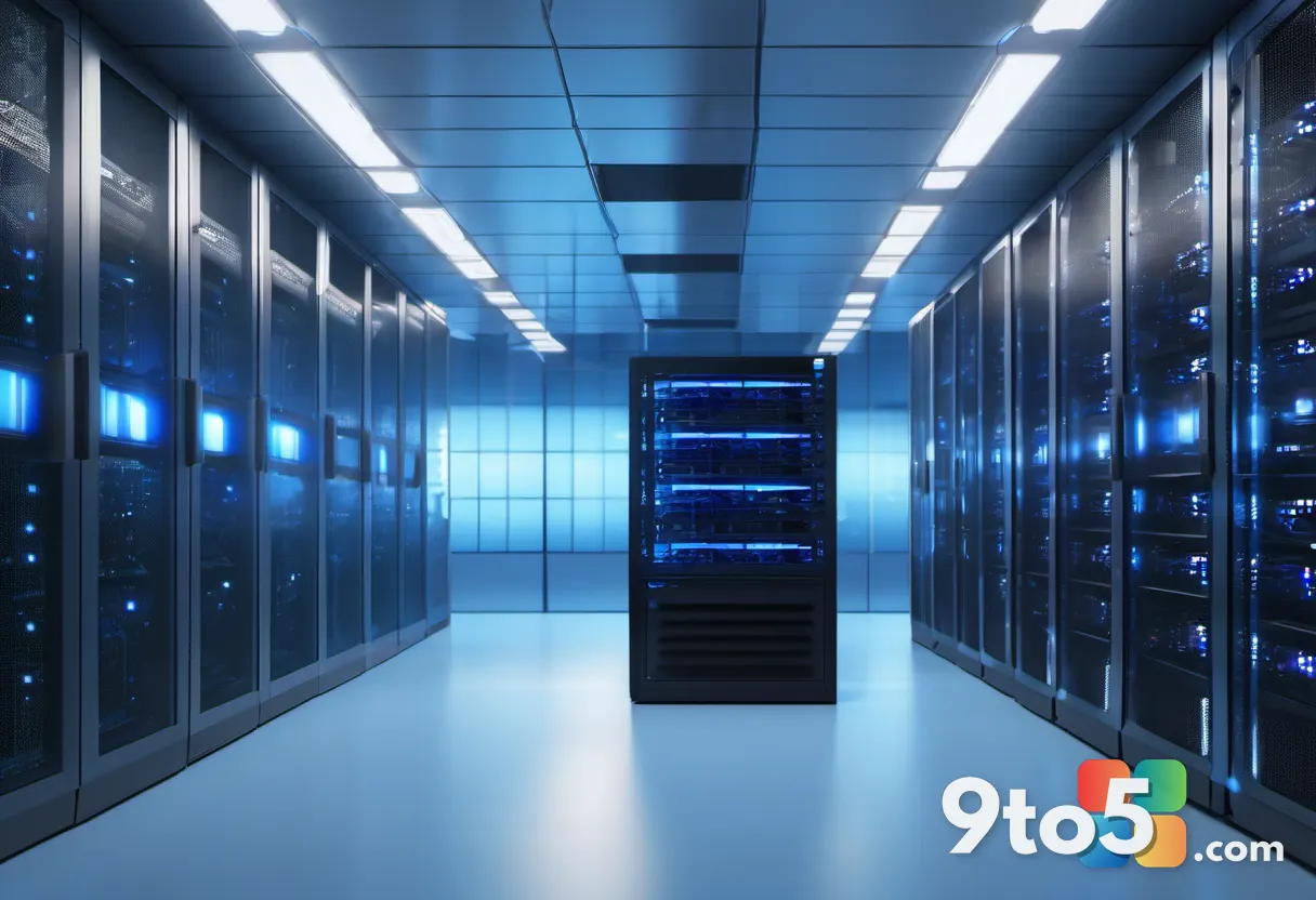 A blurred background of a server room with glowing blue lights, symbolizing online connectivity and digital infrastructu