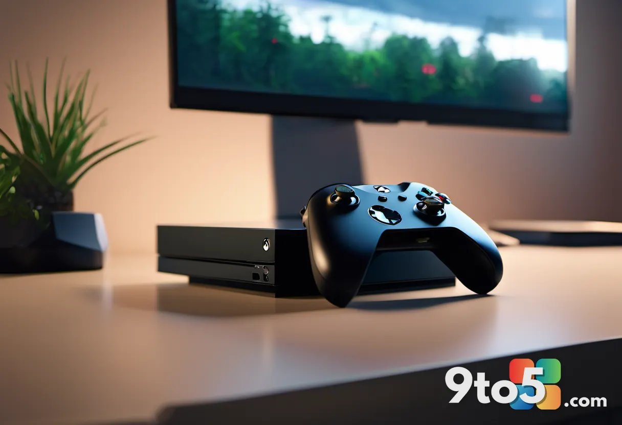 A modern Xbox controller resting on a desk next to a monitor displaying a system update progress bar, bathed in warm amb