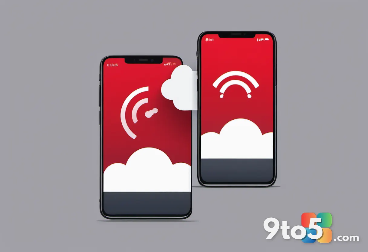 A hand holding a smartphone displaying a cloud icon with a red warning symbol, set against a dark gradient background to