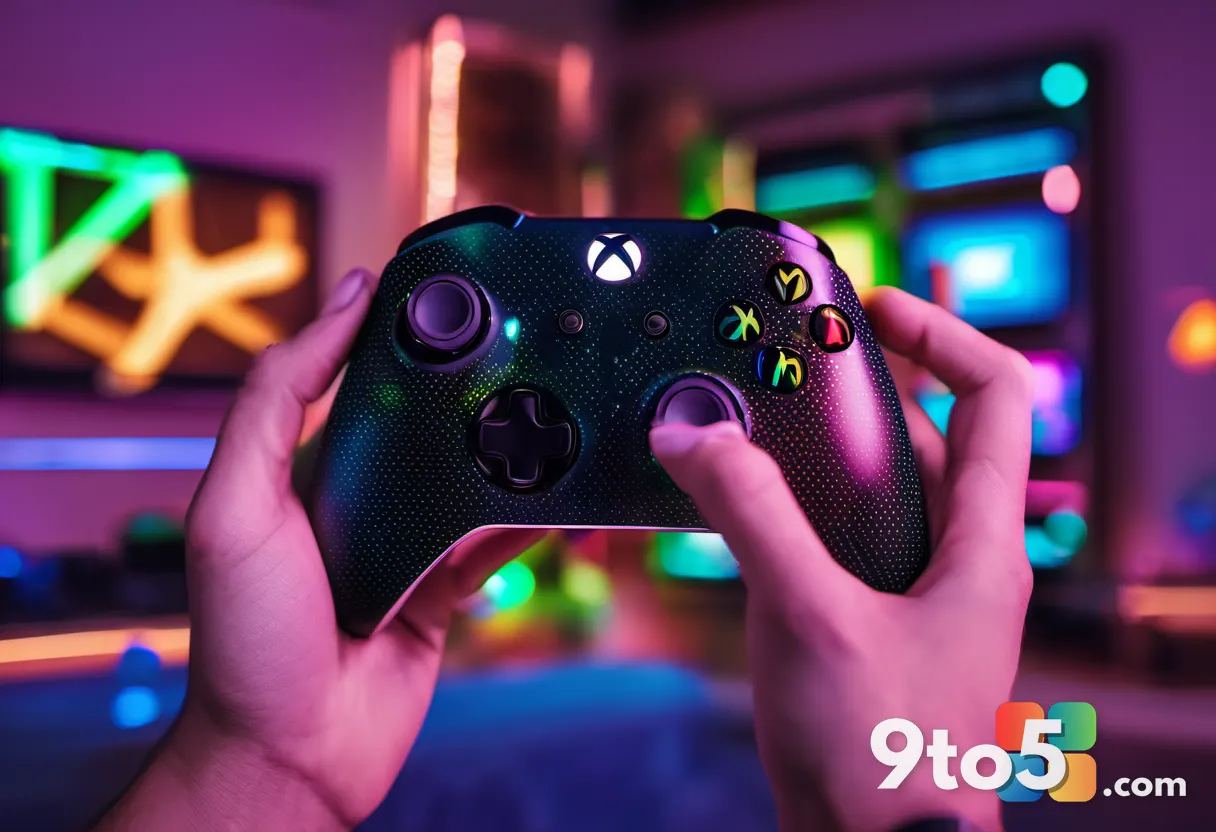 A close-up, artistic shot of a hand holding a modern Xbox controller with a blurred background of colorful fan art and n