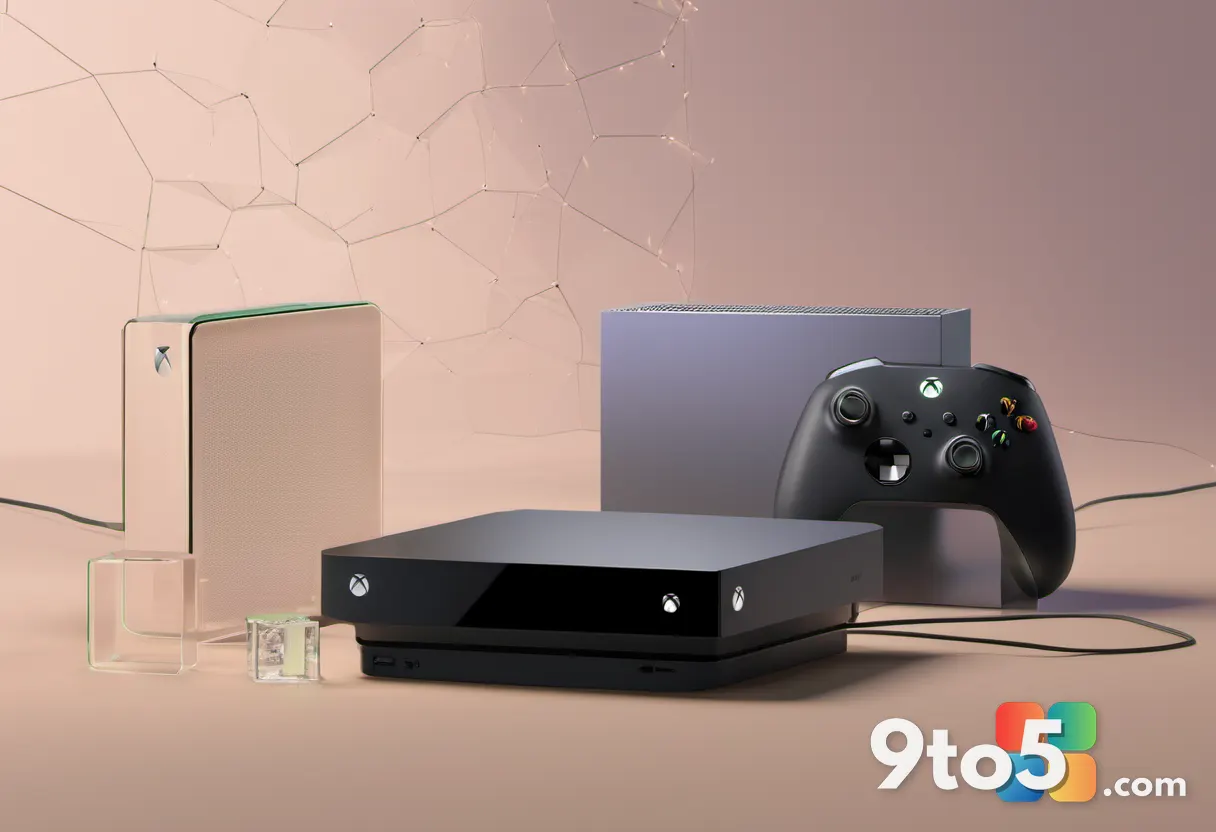 A nostalgic yet modern composition featuring a vintage original Xbox console placed next to a sleek Xbox Series X, surro