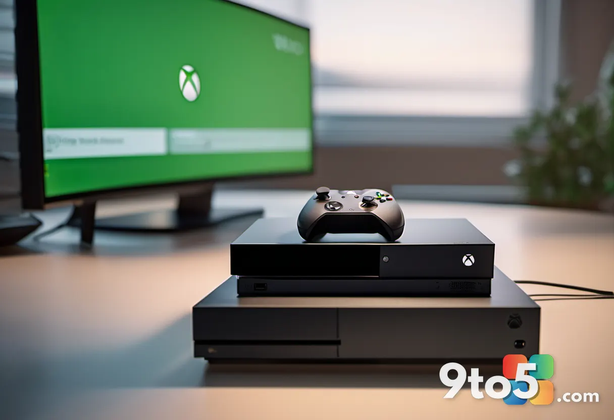 Close-up of an Xbox console with game discs nearby, warm lighting, gaming setup background.