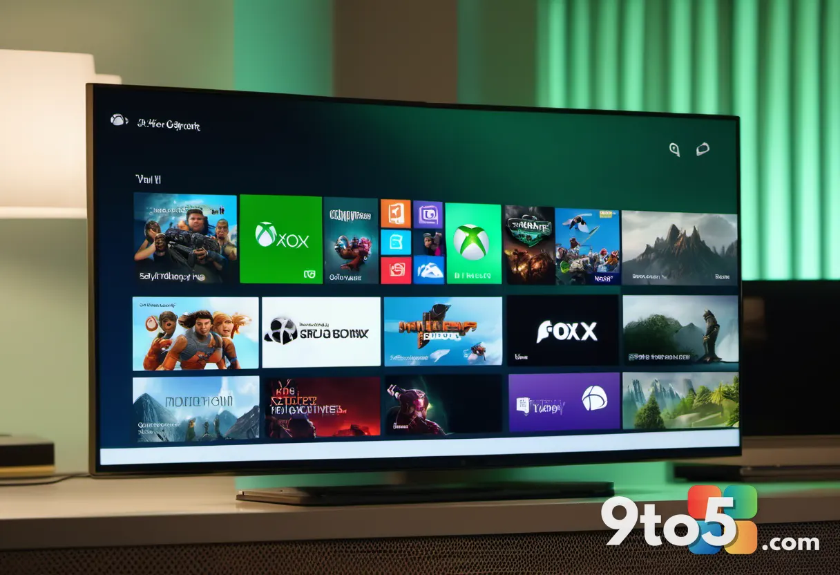 Person holding a smartphone displaying the Xbox app, blurred TV in background showing gameplay.