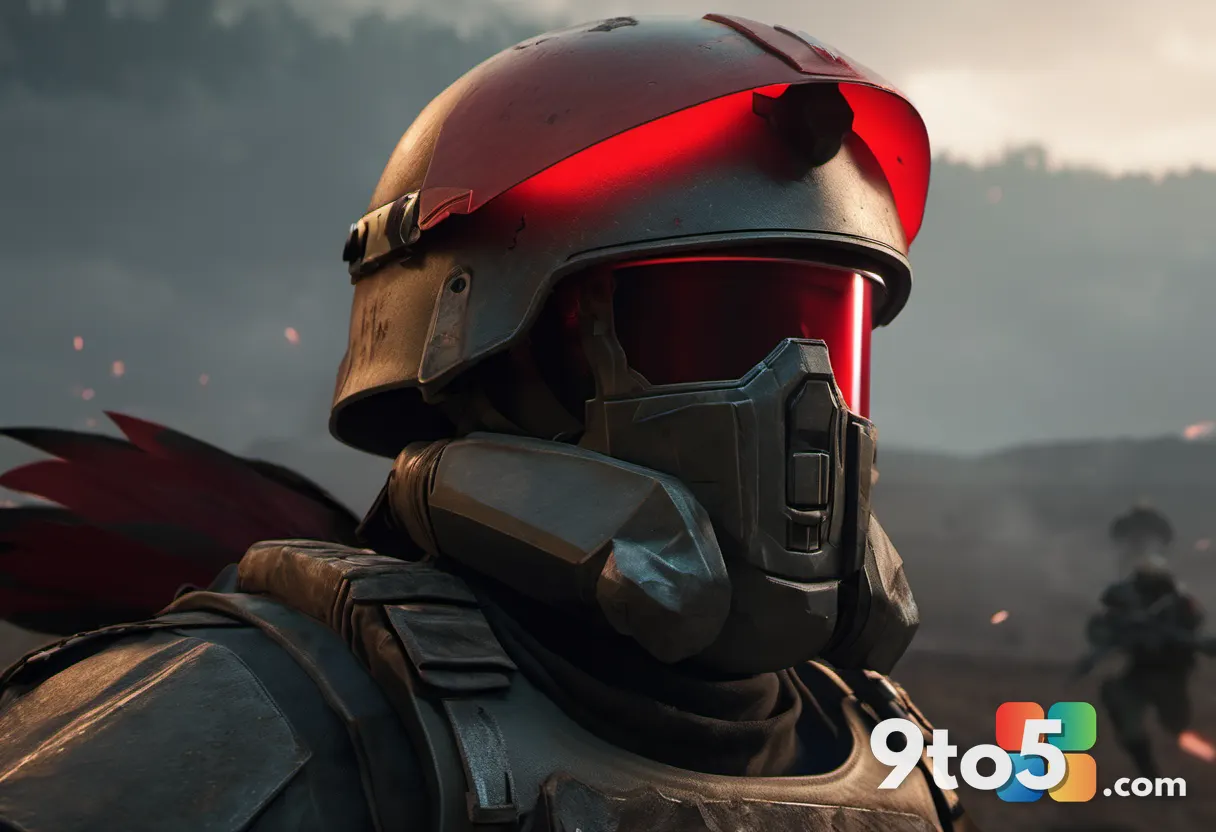 A dramatic close-up of a weathered soldier's helmet with a glowing red visor, set against a smoky battlefield backdrop,