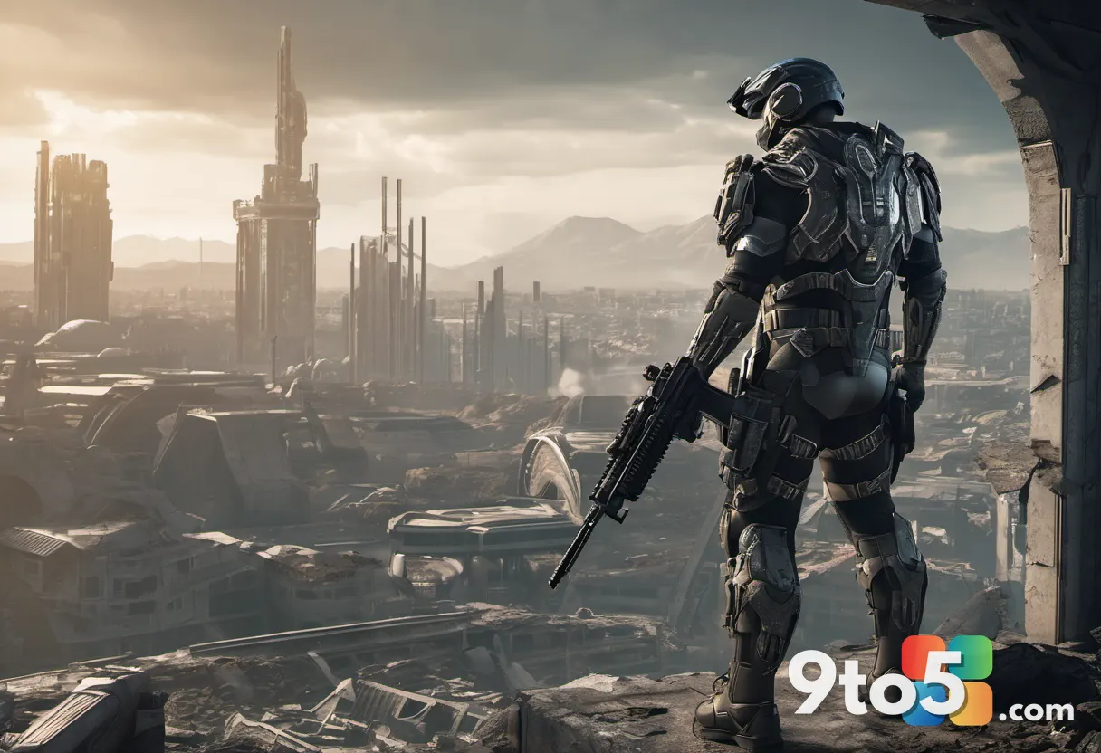 A dynamic action shot of a soldier in futuristic armor holding a heavy weapon, set against a backdrop of a crumbling cit