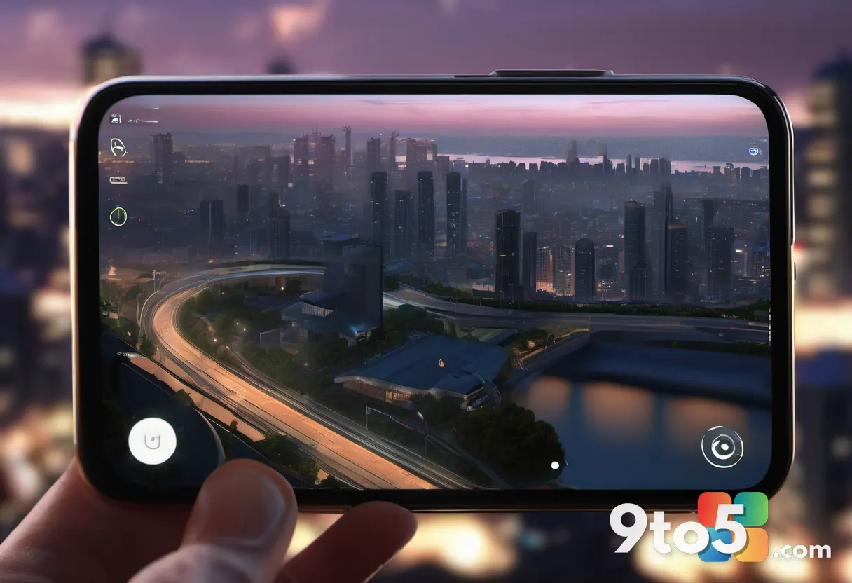 A close-up of a hand holding a smartphone streaming a high-action game, with a blurred cityscape background and warm eve